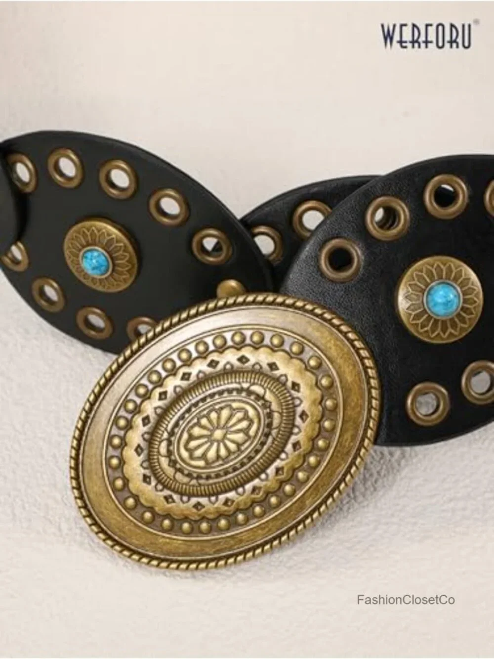 Western Belt with Turquoise Discs Faux Leather Adjustable Cowgirl Country Belt